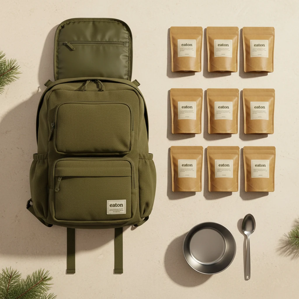 Packaging concept showing an open compartmentalised Eaton rucksack, sealed food pouches and a camping bowl